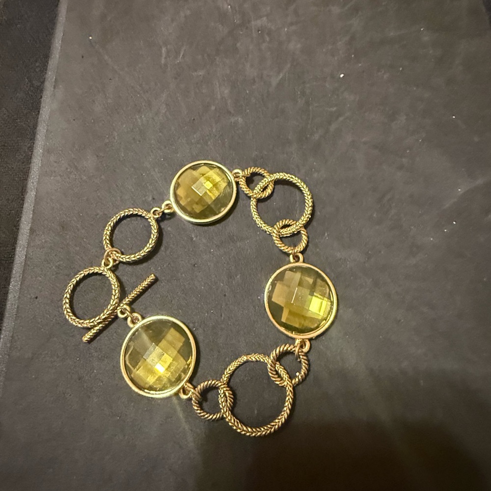 Gold Bracelet with Green Crystal  accent stones w/Toggle lock